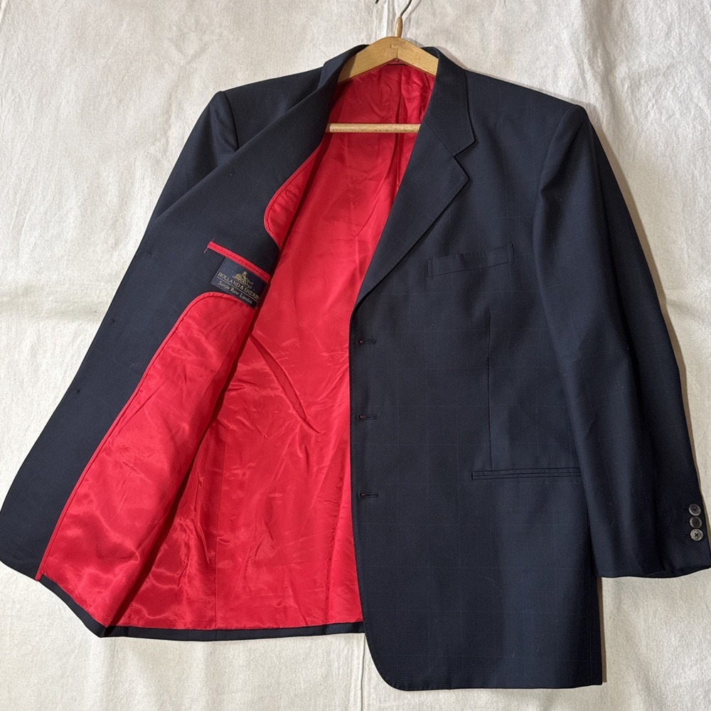 Custom Tailored Holland & Sherry Blue Plaid Wool Blazer 48